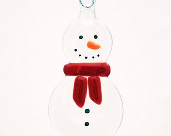 Glassworks Northwest - Clear Snowman with a Red Scarf - Fused Glass Ornament