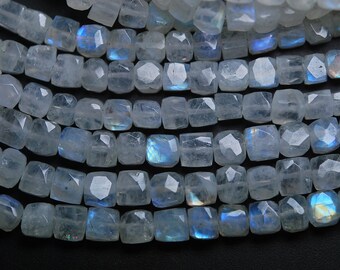 8 inch Strand,Super Finest,Super Rare,BLUE Flashy RAINBOW Moonstone Faceted 3D Box Shape Briolettes,6.5-7mm Size,