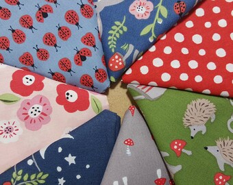 ORGANIC Cotton Fabric Fat Quarter Bundle, 7 prints from Monaluna Cottage Garden, Ladybugs, Hedgehogs, Foxes, Bunnies, Flowers, Mushrooms