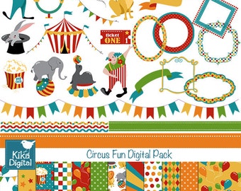 Circus Fun Digital Clipart and Paper Combo- Scrapbooking , card design, invitations, stickers, paper crafts, web design - INSTANT DOWNLOAD