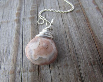 Rhodochrosite Pendant, pink rhodochrosite, wire wrapped necklace