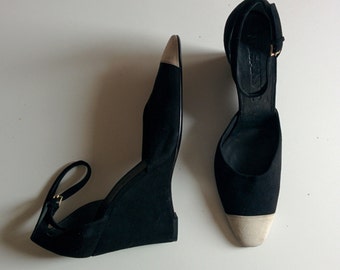 Jil Sander black and white suede wedges