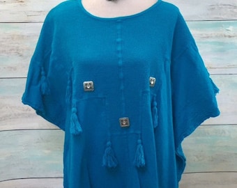 Blue Upcycled Top Bohemian Clothing Women's Tunic Hippie Clothes Boho Shirt Recycled Clothing Eco Friendly Shabby Clothes SZ 2XL-3XL