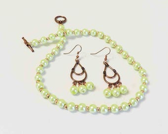 Light Green Glass Pearl Necklace and Matching Earrings With Copper Accents