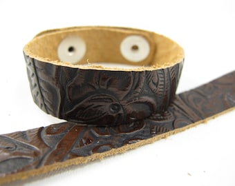 Tooled Brown Black Leather Cuff Bracelet 5/8" Wide, #57-85841615