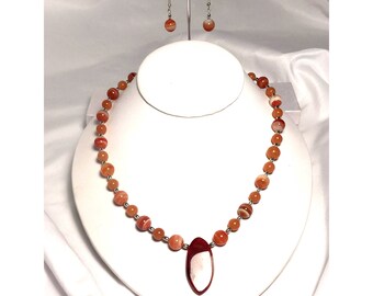 Striped Orange Agate and Jade Pendant Necklace and Dangle Earring Set