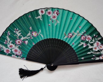Silk Green Floral Hand Fan with sleeve -Handheld Folding Fan, Japanese Hand Fan,Japanese folding fan,