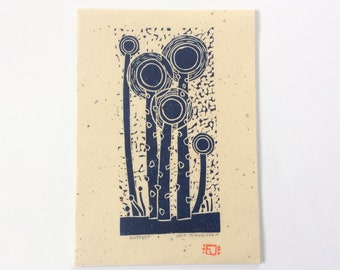 linocut - OUTPOST // 5x7 art print // printmaking // block print // nature art // sprouts // seedlings // dark blue // original // miniature