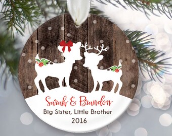 Big Sister Little Brother Christmas Ornament, Personalized Christmas Ornaments, Fawns Ornament, Deer Ornament, Rustic faux fake wood OR064