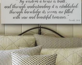 By Wisdom A House Is Built, Distressed Wood Sign, Inspirational Wall Art, Bible Home Decor, Fixer Upper Style Sign, Fixer Upper Style Decor