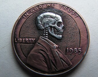 Hobo Nickel Penny Skull By M.J. Petitdemange engraved coin,memento mori,carved -Jewelry,Art-metal-Groomsman gift-Halloween,Day of the Dead