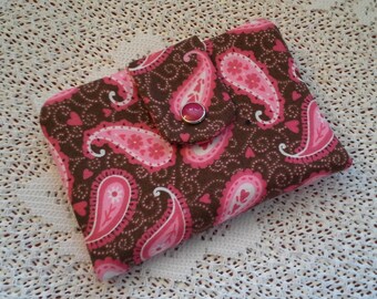 Travel Tea Bag Holder Pouch Carrier Snap Mini Wallet -Brown Pink Paisley