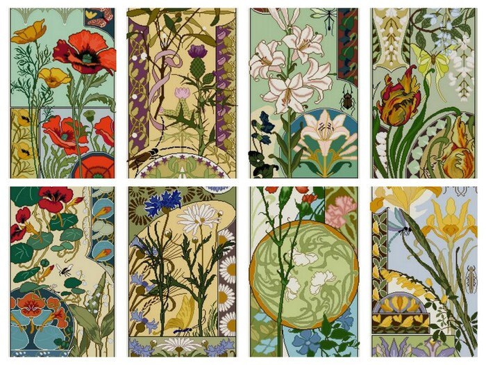 Set of 8 Art Nouveau Floral Cross stitch Patterns / pdf