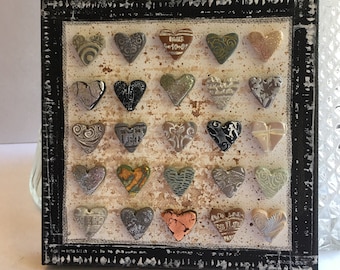 mixed media metallic heart art- polymer clay heart art on canvas
