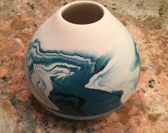 Vintage Nemadji Indian River Ceramic Vessel with Teal Swirls
