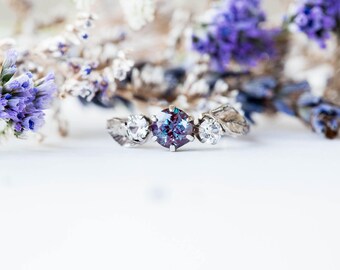 14k gold chatham alexandrite leaf engagement ring, alexandrite and sapphire three stone twig engagement ring, 14k gold twig engagement ring