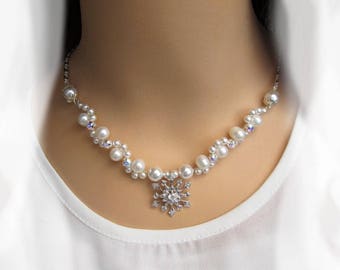 Bridal jewelry necklace Pearl necklace, freshwater pearl, wedding jewelry bridal necklace cultured white Pearls