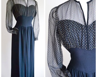 1940s Black crepe & gold spot tulle evening dress / 40s full length formal polka dot dress - S