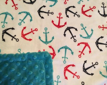 Minky Blanket Anchor Print Minky with Teal or Red Dimple Dot Minky Backing - Perfect Size a Toddler or Child