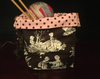 Drawstring Knitting Project Bag, Toile Children Playing pink/cocoa