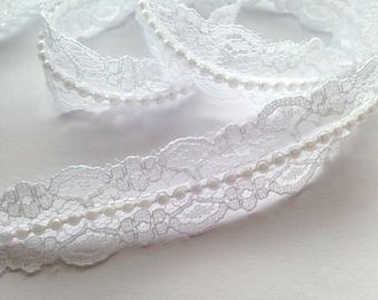 1 inch wide Vintage Style Lace Pearl Ribbon Trim white selling by the yard