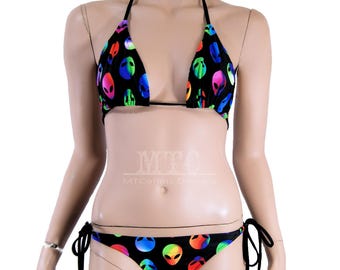Neon Rainbow Alien Head Bikini Bra Top Bottom Tie Waisted Rave Set MTCoffinz - Choose Size (Separates available)