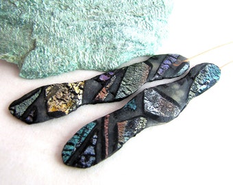 Flat Pods Polymer Clay Textured Teal Green Rust, Black Wavy Crackle Pebble Lightweight Copper Headpins Numi- Poly Pair (2)