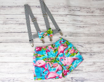 Boy's Flamingo Shorts, flamingo Bow Tie-, striped suspenders, boys flamingo outfit, flamingo shorts, boy's flamingo party, flamingo birthday
