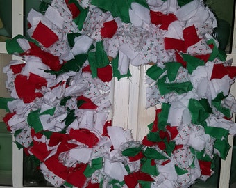Rag Wreath-Holly print, red and green fabric-Christmas wreath. centerpiece, table decor, door decor, door wreath, wall decor, holiday decor