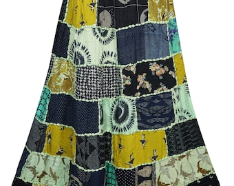 Swirl Long Maxi Patchwork Skirt Printed Rayon Handmade Indian Dori Skirts