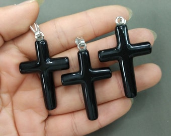5pcs Black Stone Cross Pendant 8x28x42mm- silver tone bail