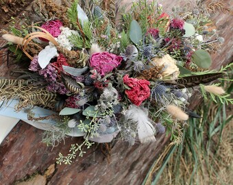 dried flower bouquet, mauve bridal bouquet, rust bridal bouquet, rust wedding, rustic bridal bouquet, thistle bouquet, pink bouquet, orange