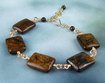 Bronzite Bracelet, Semi Precious Stones, Golden Brown, Gold Plated Wire, Hand Formed Hook, Larger Size, Dramatic Bracelet, Gemstone Jewelry