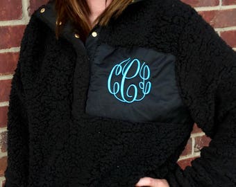 Monogram Sherpa Pullover Jacket, Monogram Sherpa Fleece Pullover, Monogram Fur Pullover, Sherpa Fleece Pullover