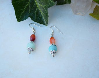 Boho Hippie Carnelian and Amazonite Drop Earrings Gift for Her