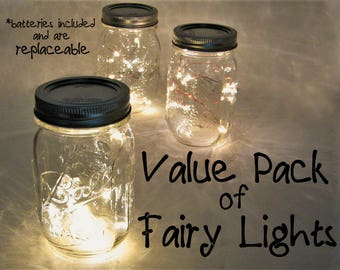 VALUE PACK Fairy Lights with replaceable batteries. You pick quantity. 10 LEDs per wire, warm white lights for mason jars or crafts