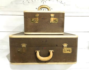 Vintage Suitcase Luggage Set Brown Tan Midcentury