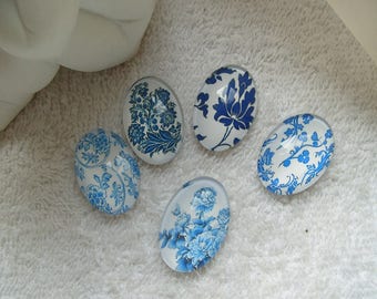 CABOCHONS FLEURS ROSES lot de 5 cabochons 2.5 cm en verre ovales fleurs roses et et champetres pour créations bijoux sur supports