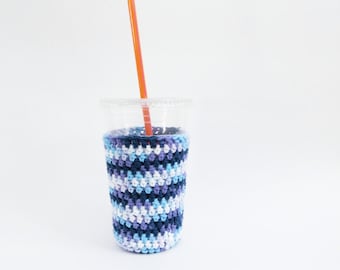 crochet coffee cozy. iced medium coffee cozy. Blue ombre cup cozy. Cotton cup sleeve. Eco friendly cup jacket. Summer drink cozy. cup cozy