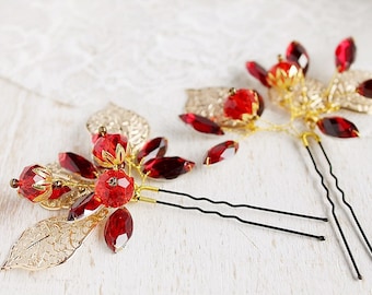 Red Crystal Hair Pins, Gold Leaves Bridal Clips, Prom Hair Jewelry, Wedding Up Do, Small Hair Jewelry, Crystal Hair Pins, Red Bridal Clips