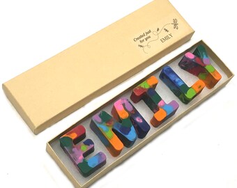 NAME Crayons for Kids Stocking Stuffer Toy in a Gift Box - FAST Ship - Personalized Alphabet Rainbow Crayons - Birthday Gift - Party Favors