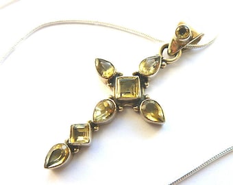 CITRINE Gemstones STERLING Silver Cross, 925 Sterling Silver Vintage Citrine Cross Pendant, Gemstone Vintage Cross , Citrine Cross Necklace