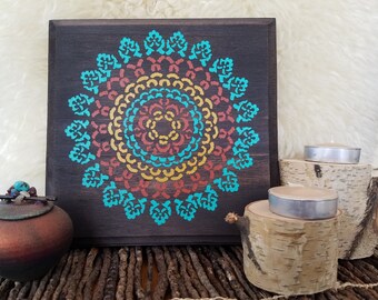 Wood mandala painting, Bohemian art decor, Bohemian painting