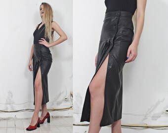 90s black leather pleated slit snap maxi skirt s m