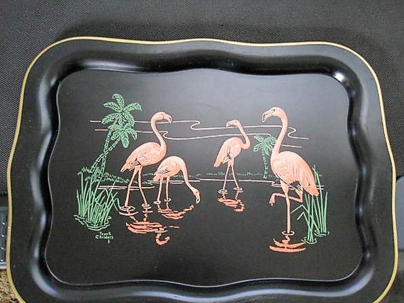 Flamingo Hand Painted Tray, Frank Childers Artist, Large Black Toleware, Mid Century Decor