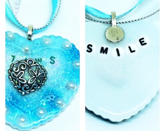 Motivational Resin Necklace, Smile Necklace, Hidden Message Necklace, Heart Necklace, Mental Heath Necklace, Blue Glitter Necklace.