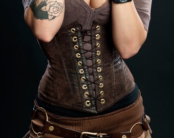 Meschantes Steampunk Vegan Leather Waist Cincher Corset - Your Size