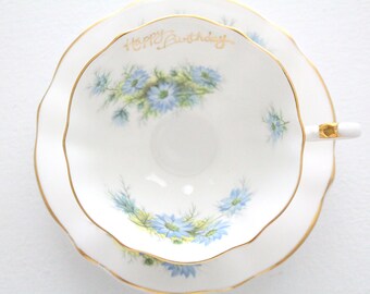 Vintage English Bone China, Wide Mouth, Happy Birthday Tea Cup and Saucer by Queen Anne, Tea Party, Replacement China - ca. - 1959 - 1966