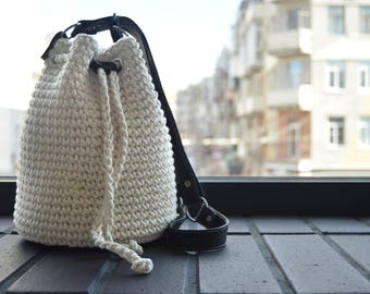 White crochet bag Basket bag Bucket bag Summer cotton bag Women white accessory Shoulder bag purse Leather handbag Gift for women