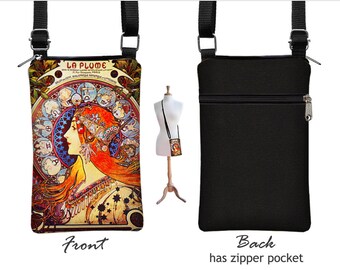 crossbody bag iphone 7s case, iphone 7 plus case, cell phone purse, cell phone holder wallet case, Mucha Zodiac Art Nouveau blue orange RTS